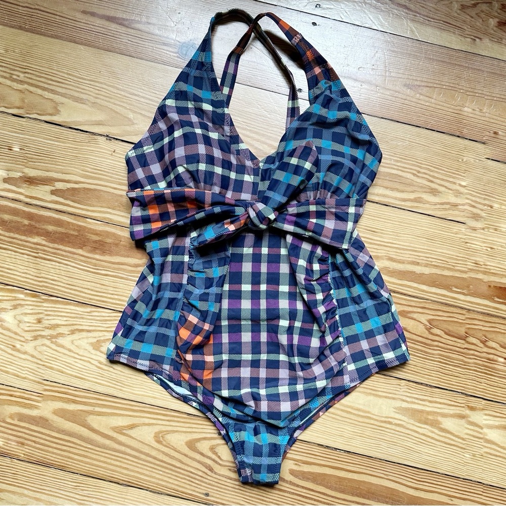 Motherhood Maternity Plaid One Piece Swimsuit with Halter Neckline